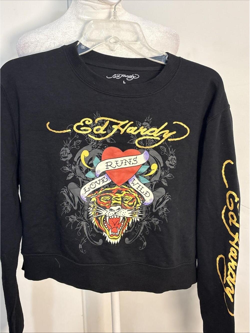 Ed Hardy Womens Large Black Cropped Sweatshirt With Gold Lettering Graphics Y2K